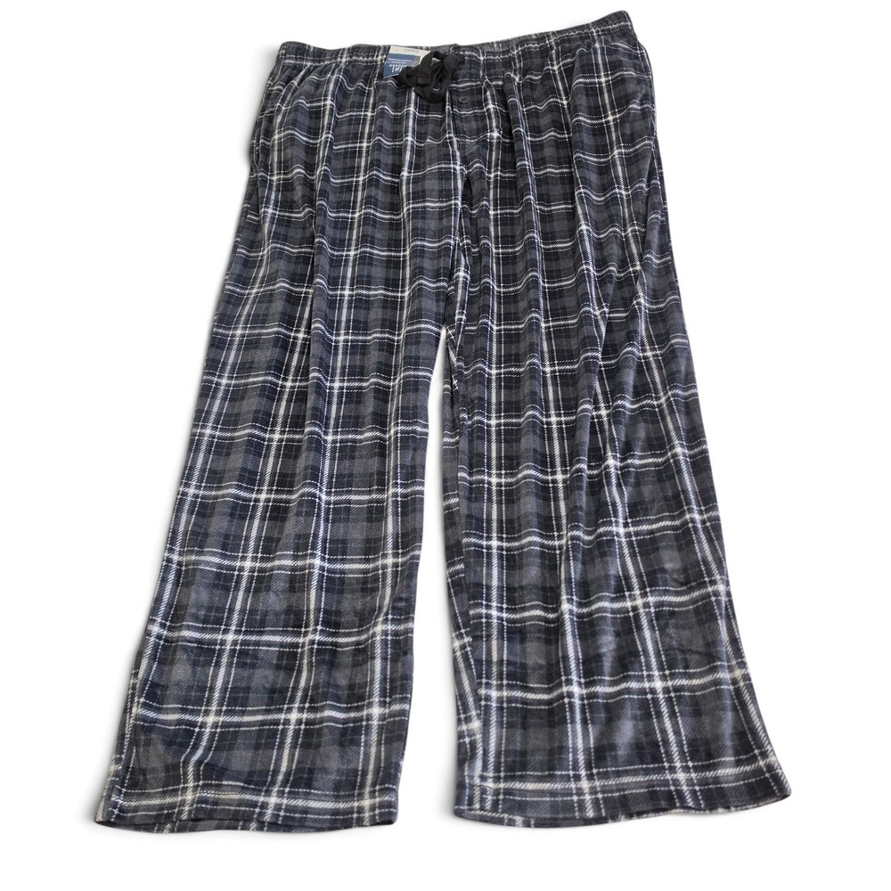 George Plaid Fleece Pajama Pants Men's 2X Black White Drawstring Pockets NWT